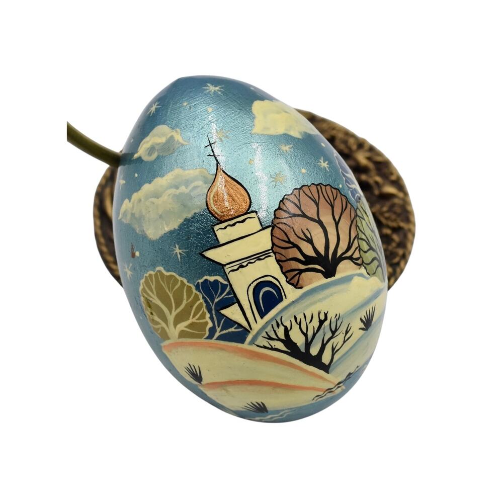 Russian Onion Dome Church Easter Egg Wood Hand Painted 3" Folk Art